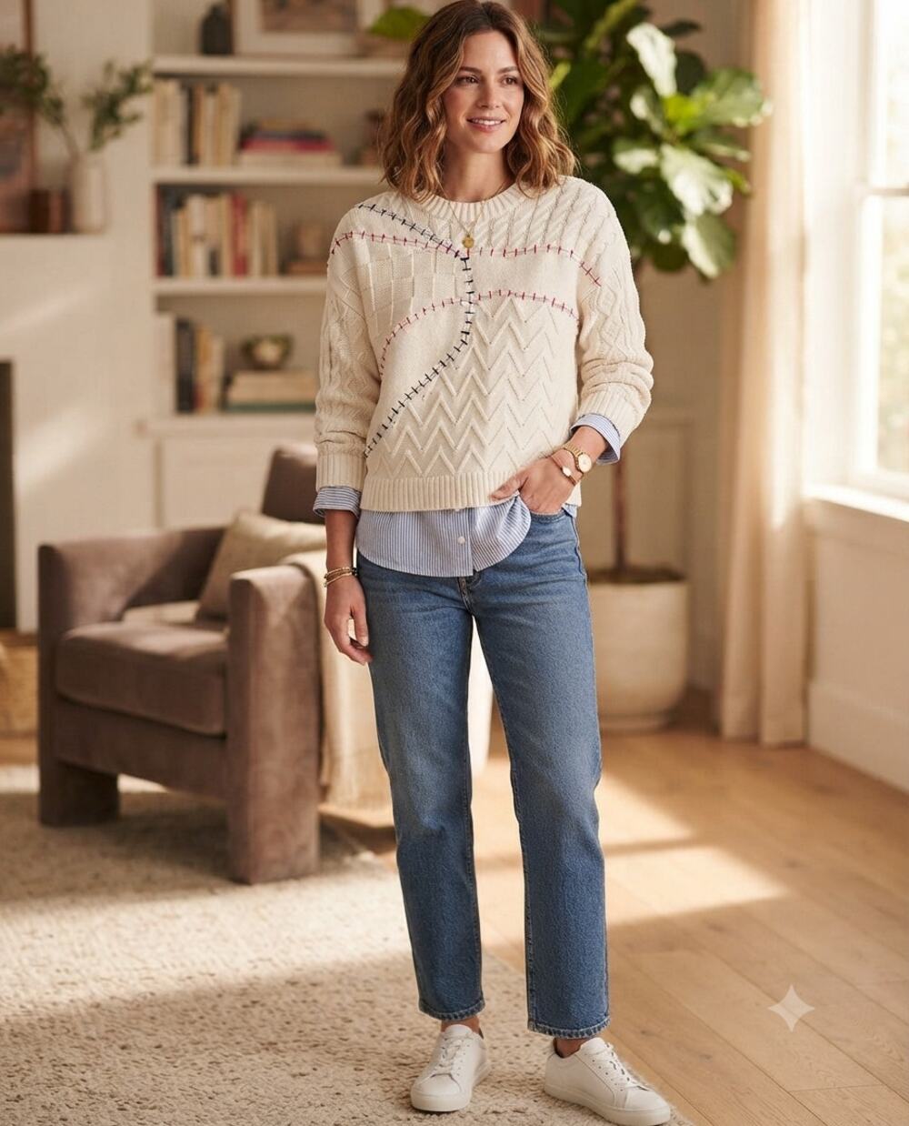 Pilcro Anthropologie Twofer Mixed Media Sweater Cream Blue Striped Whipstitch M